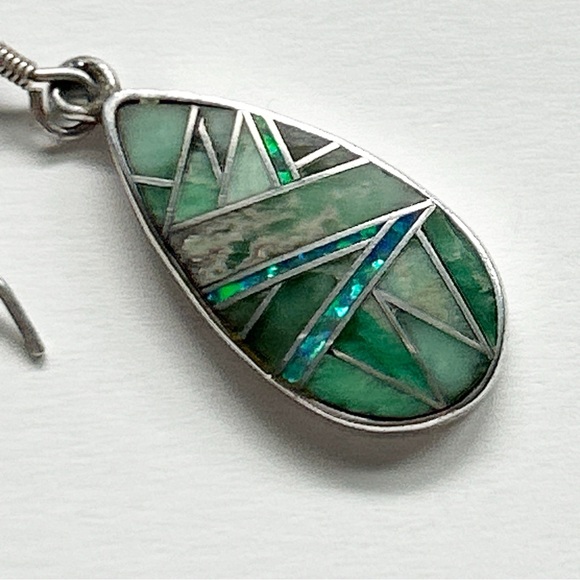 Vintage Signed Southwestern Turquoise Gaspeite Opal Inlay Sterling  Earrings